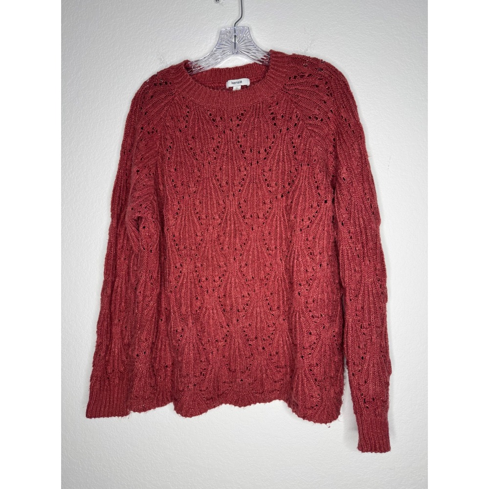 Kensie Womens XL Red Pointelle Knit Crewneck Raglan Sleeve Sweater Loose Knit